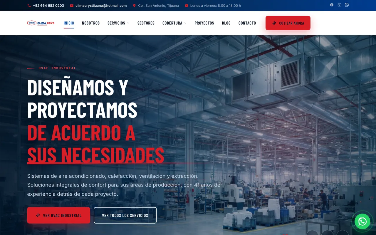 Página web de Clima Crys, diseñada por Grupo Gurú