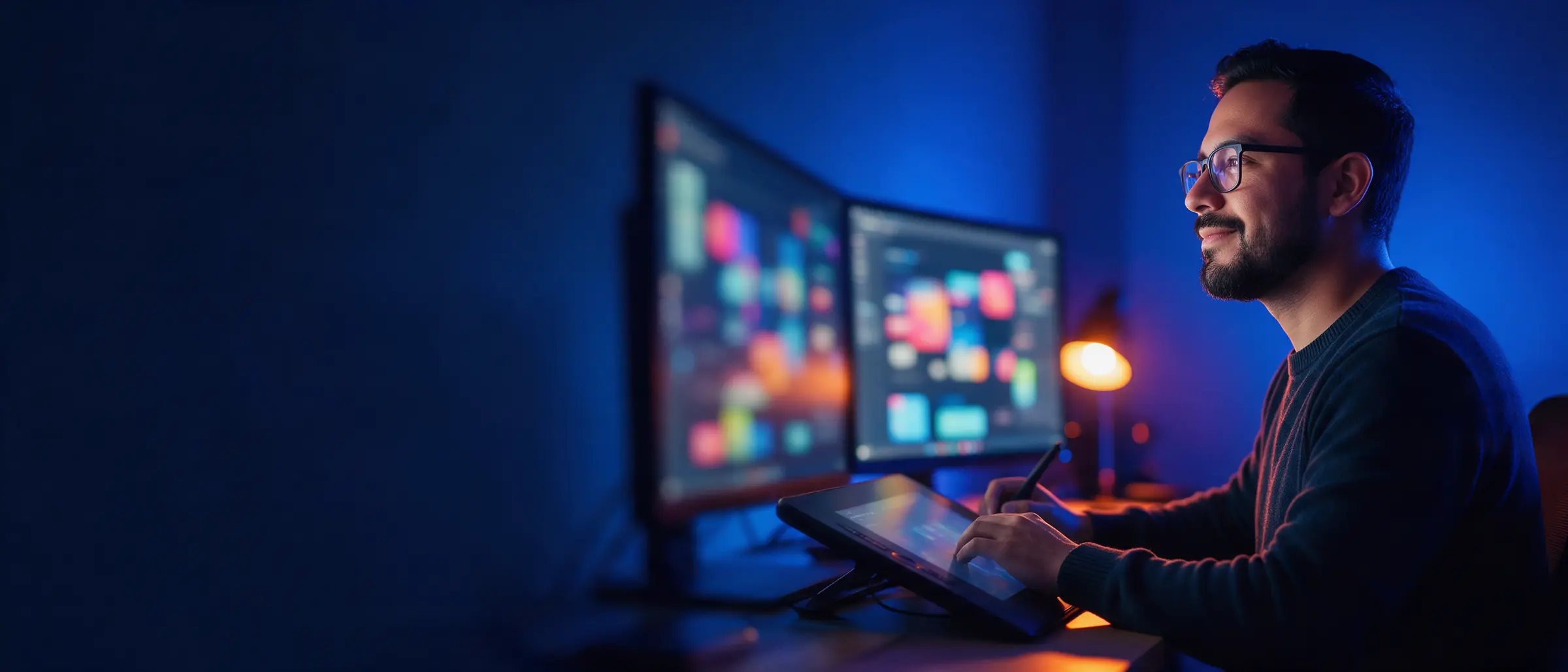 Diseñador web trabajando en la interfaz de un sitio en dos monitores